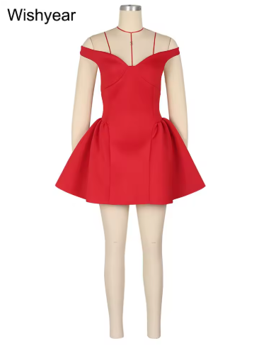 Fashion Halter A-line Deep V Off Shoulder Backless Birthday Women Red Mini Dress Sleeveless Ruched Princess Party Bodycon Robe