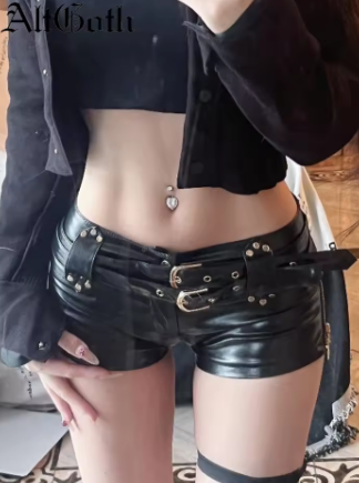 AltGoth Cyber Punk Nightclub Shorts Women Dark Goth Y2k E-girl Streetwear Harajuku Grunge Sexy Low Waist Pu Leather Shorts Femme