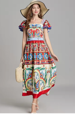 Summer Rumway Fashion Flower Print Long Dress Women Square Collar Flying Sleeve Elegant Backless High Waist Beach Party Vestidos