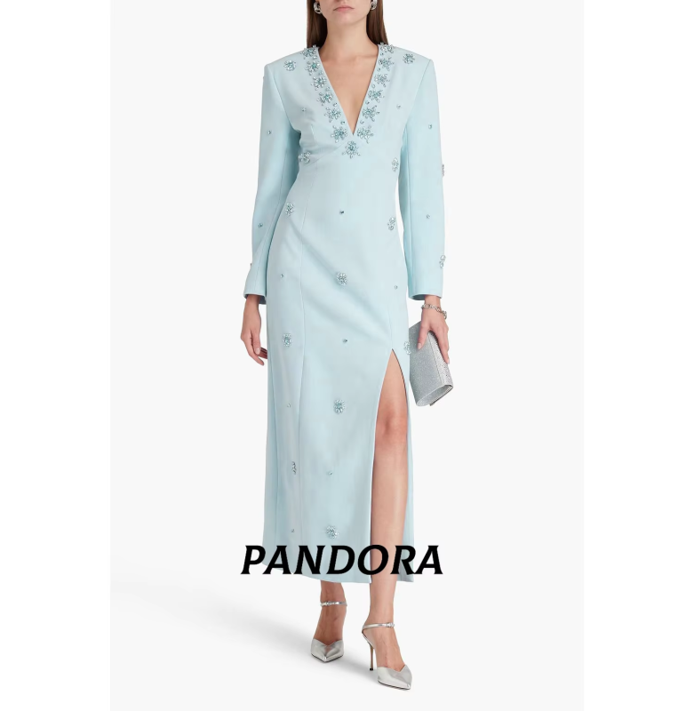 Pandora Elegant Customized V Neck Beaded Long Sleeve Formal Evening Dress Crystal Prom Dress Dubai Wedding Party Dress