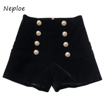 Neploe High Waist Gold Velvet Wide Leg Shorts Chic Double Breasted Zip Bottoms Autumn Winter Fashion All-match Casual Ropa Mujer